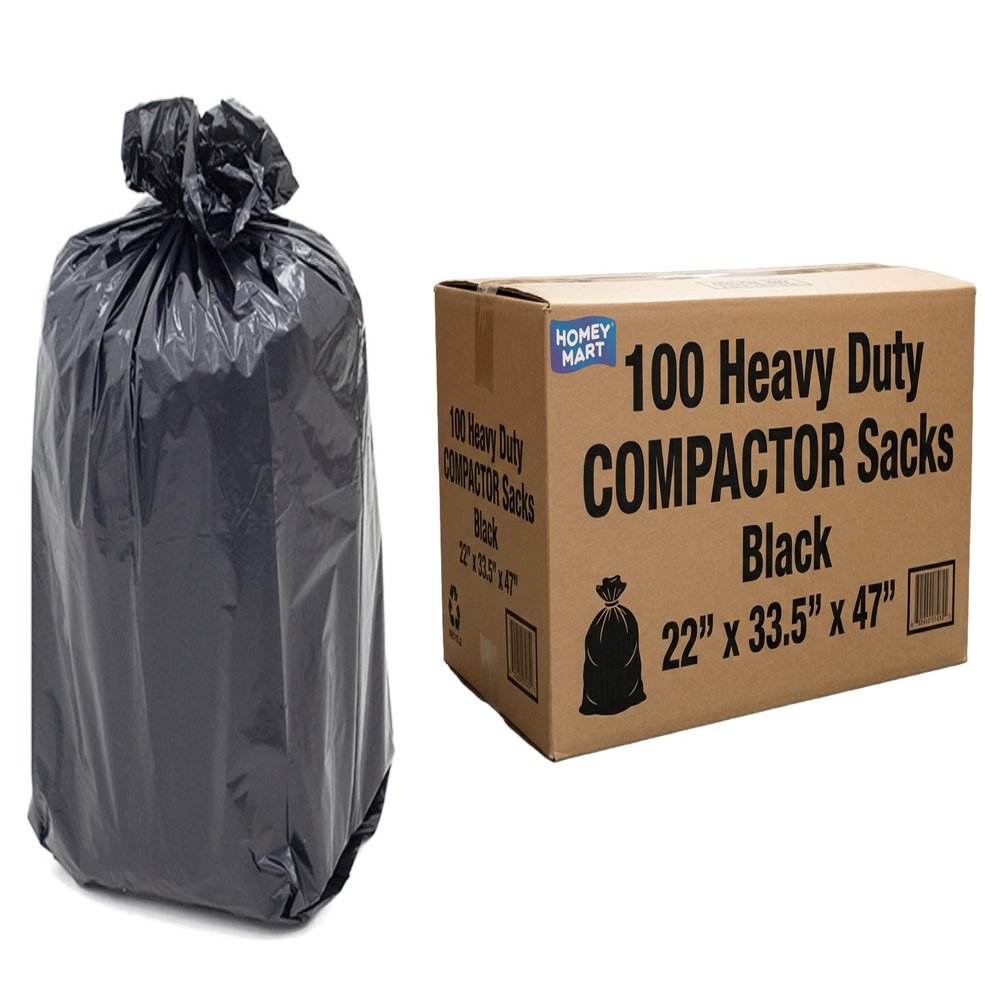 100 Heavy Duty Compactor Sacks Black 150L Extra Large Refuse Bin Bags 22 x 33.5 x 47 (560x850x1190mm) 240 Gauge / 60 Micron Industrial Strength Rubbish Bags for Commercial & Home Use