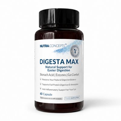 Nutraconcepts Digesta Max - Natural Support for Easier Digestion - Betaine HCL 405mg - Boswellia Serrata 65% - Pepsin & Trypsin - 60 Vegan Capsules - Zero Fillers - Hypoallergenic - Made in UK