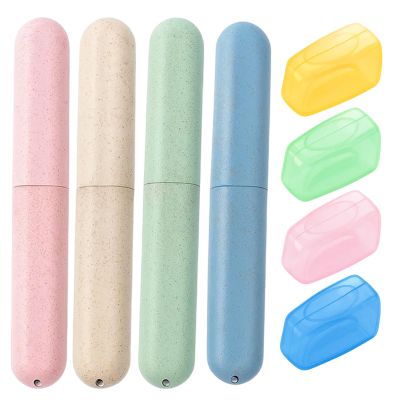 ZKFSIE Toothbrush Covers, 4 Travel Hygiene Storage Cases with 4 Matching Head Protectors, Compact Organizer for Camping, Family Trips and Daily Commute, Color-Coded Set (Green/Blue/Beige/Pink)