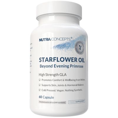 Nutraconcepts Cold Pressed Starflower Oil 1000mg - 60 Vegan Capsules - 20% GLA from Borage - Supports Hormonal Balance, Skin Health & Joint Comfort - Natural Source of Omega-6 - Made in UK