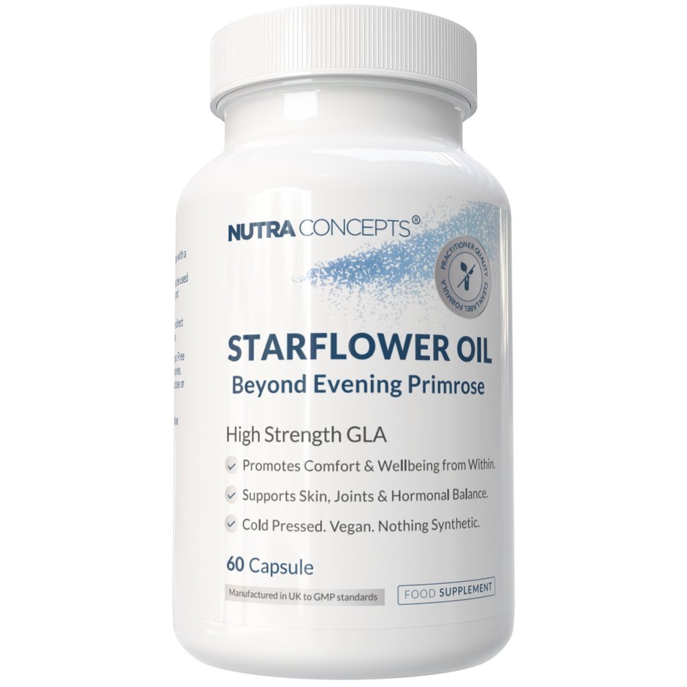 Nutraconcepts Cold Pressed Starflower Oil 1000mg - 60 Vegan Capsules - 20% GLA from Borage - Supports Hormonal Balance, Skin Health & Joint Comfort - Natural Source of Omega-6 - Made in UK