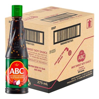 ABC Hot Sweet Soy Sauce Kecap Manis Pedas 275ml Indonesian Sweet Soy Sauce Spicy Cooking Sauce HALAL (12 Bottle)