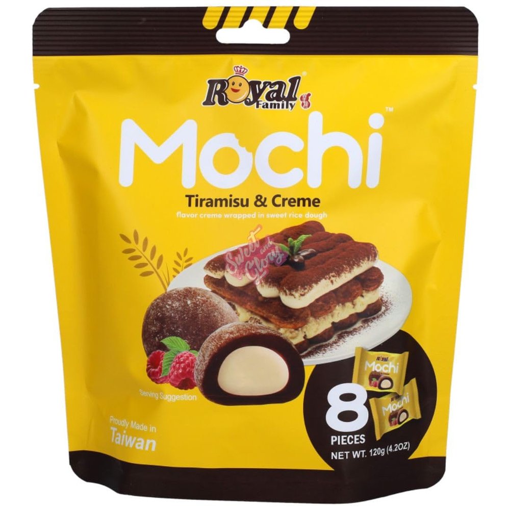 Candy Lane Royal Family Mochi, Tiramisu and Cream Sweet Dough with Creme Filling, Gluten Free, 8 Pieces, 120g