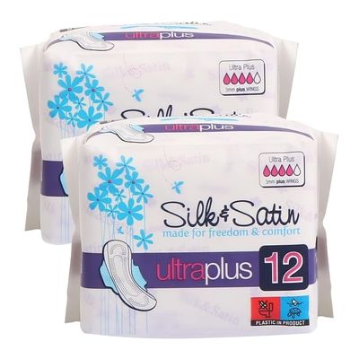 Silk & Satin Sanitary Pads with Wings 12s x2, Ultra Absorbent Feminine Pads, Anti-Leak Protection, Individually Wrapped