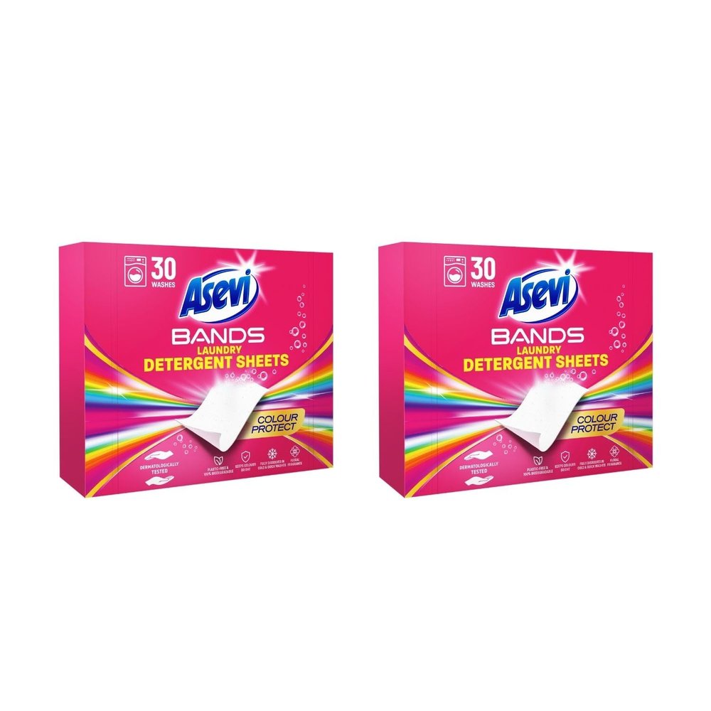 Asevi Bands Laundry Detergent Sheets Concentrated Liquidless Detergent with Long Lasting Fresh Fragance 30 Washes (Pack of 2) (Colour Protect)