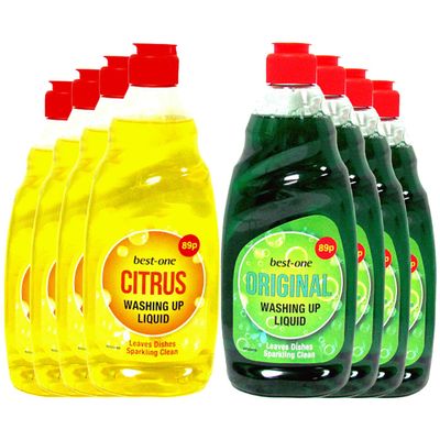 Best-in Washing Up Liquid Bundle 500ml Each 4x Green Original & 4x Yellow Citrus Dishwashing Liquid, Powerful Grease Remover, Long Lasting Cleaning, Fresh Scent, Kitchen Essentials Pack UK