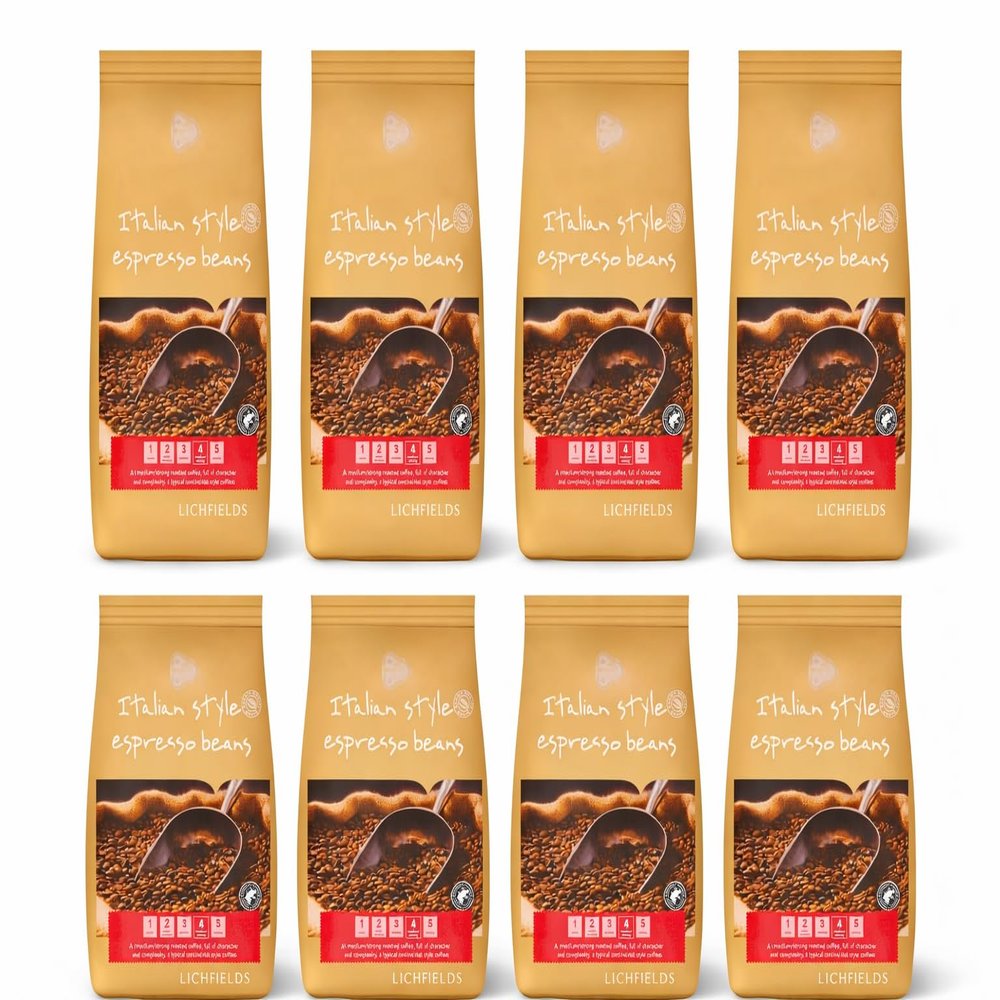 Arbica Coffee Beans, 1kg x 8, Medium Dark Roast, Italian Style Espresso, Whole Bean Blend for Home Barista, Coffee Machines and Vending Machines