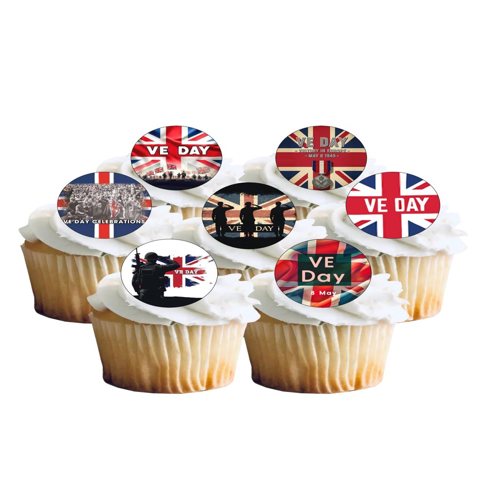 12 Pre-Cut VE Day Union Jack WW2 8th May 1945 Themed Edible Wafer Paper Cake Toppers Decorations