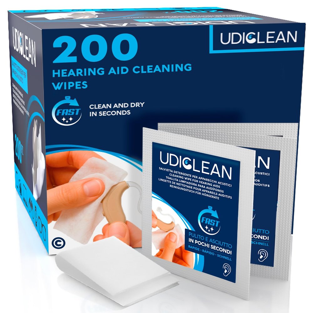 200 Cleaning Wipes for Hearing Aids Maintenance - Udiclean Individually Wrapped and Quick-Drying - Moistened Wipes Remove Grease Sweat and Dirt