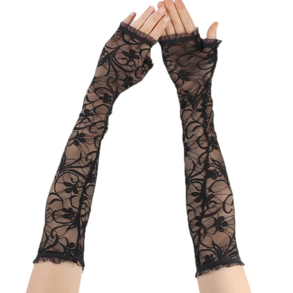 Didiseaon Arm Sleeves with UV and Sunscreen Black for Women 1 Pair Cooling Lace Elegant Fingerless Arm Covers for Cycling and Yoga