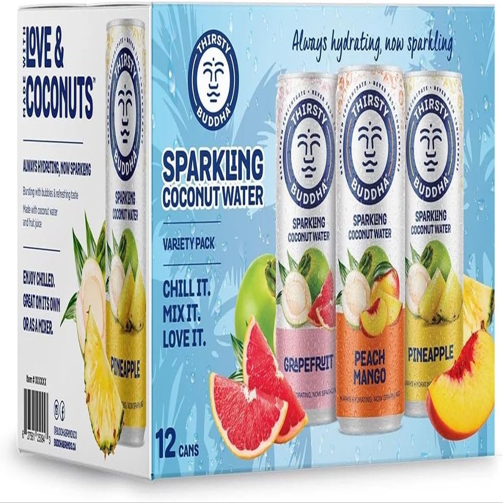 Thirsty Buddha Tropical Flavoured Sparkling Coconut Water, 12x330ml, Hydrating & Refreshing, Low in Calories, Vegan & Gluten-Free