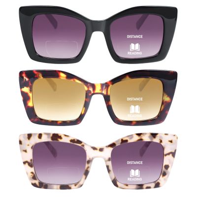 KoKoBin Stylish Bifocal Reading Sunglasses for Women, Oversized Square Tinted Lens Reading Glasses, Sun Readers with Spring Hinge (Black/Brown Leopard/Grey Brown Leopard, 3.5, x)