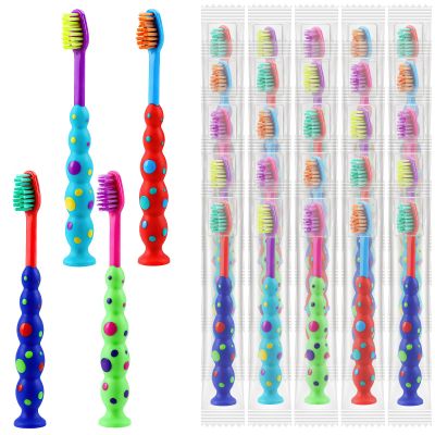 100 Pack Kids Toothbrush Bulk Soft bristles Toddler Lovely Toothbrush with Covers Suction Cup Individually Wrapped Toothbrushes for Home School Daycare Camp (4 Colors)