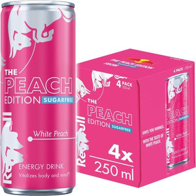 Energy Drink 250ml x 4 Cans | Boost Energy, Focus & Stamina | Ideal for Workouts, Office & Travel (Red Bull Energy Drink Sugar Free Peach Edition White Peach 4 x 250ml)