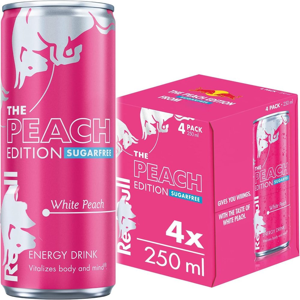 Energy Drink 250ml x 4 Cans | Boost Energy, Focus & Stamina | Ideal for Workouts, Office & Travel (Red Bull Energy Drink Sugar Free Peach Edition White Peach 4 x 250ml)