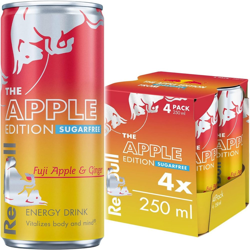Energy Drink 250ml x 4 Cans | Boost Energy, Focus & Stamina | Ideal for Workouts, Office & Travel (Red Bull Energy Drink Sugar Free Fuji Apple & Ginger 4 x 250ml)