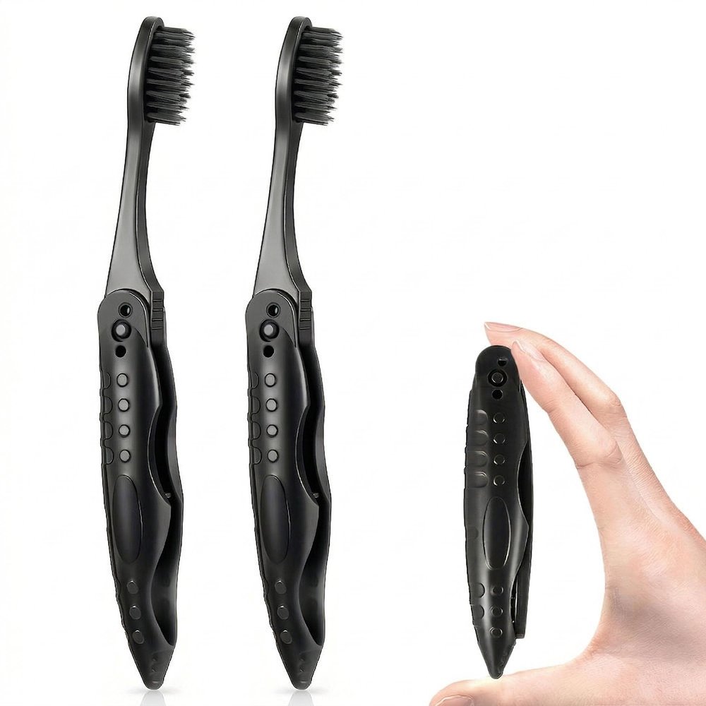 Travel Toothbrush Set of 2 - Folding Toothbrushes Medium Soft Bristles Travel Size Portable Easy-to-Carry for Adults and Kids Travelling, Business Trip, Camping, Summer Camp(Black)