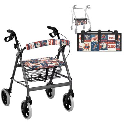 Binienty 3 Pcs Sets Patriotic Walker Accessories Universal Rollator Walker Seat & Backrest Covers, Rollator Storage Under Seat Bag for Seniors, Decor for 4 of July