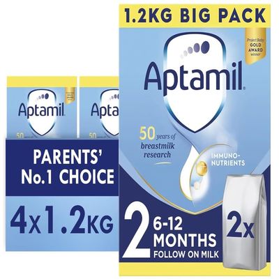 Aptamil 2 Follow On Baby Milk Formula Powder, 6-12 Months, Big Pack, 4 x 1.2kg