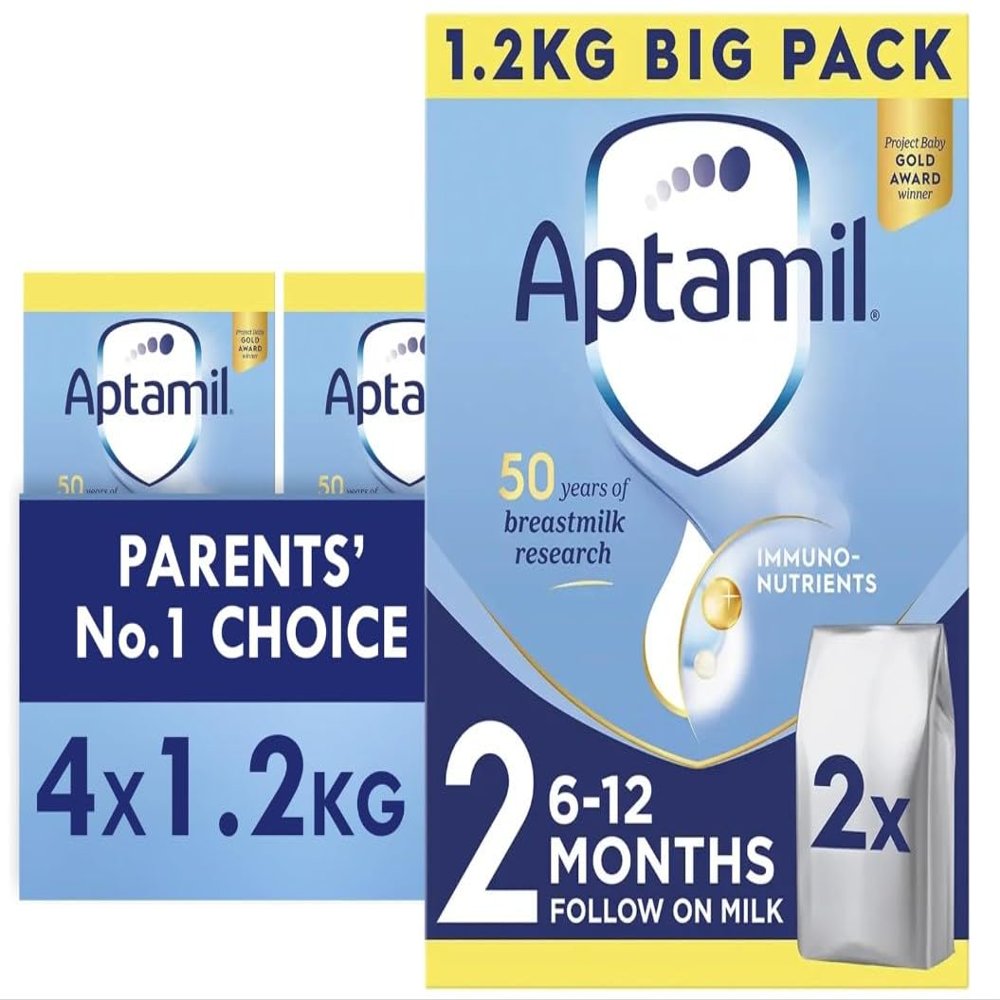 Aptamil 2 Follow On Baby Milk Formula Powder, 6-12 Months, Big Pack, 4 x 1.2kg