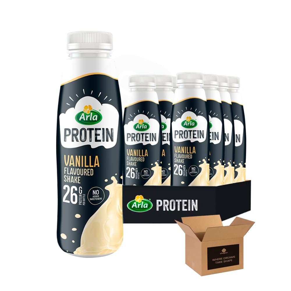 Arla High Protein Milkshakes | Variety Flavoured Milk Drink | No Added Sugar, Low Calorie Beverage - Nutritional 26g Protein | Natural Breakfast, Workout Drink (Protein Vanilla 428ml - Pack 8)