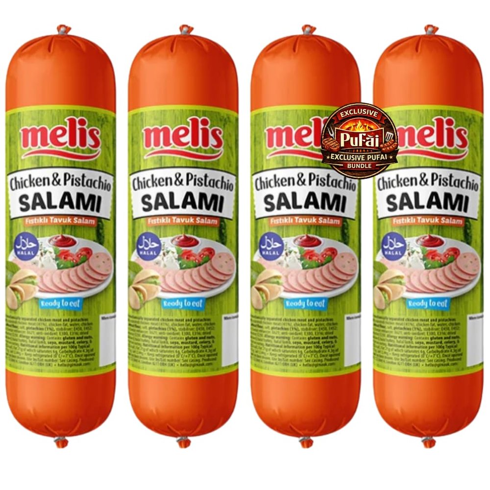 PUFAI Bundle Chicken Salami with Pistachios 500g x4 Sliced Poultry Salami, Ready to Eat, Sandwich & Pizza Topping, Nutty Savoury Flavour