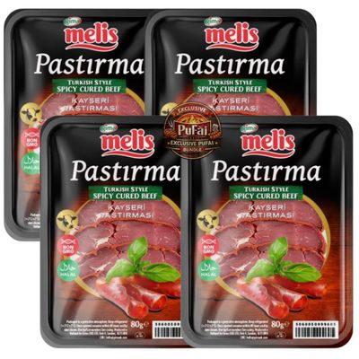 PUFAI Bundle Pastirma Air Dried Beef 80g x4 Sliced Cured Beef, Ready to Eat, Breakfast & Meze Use