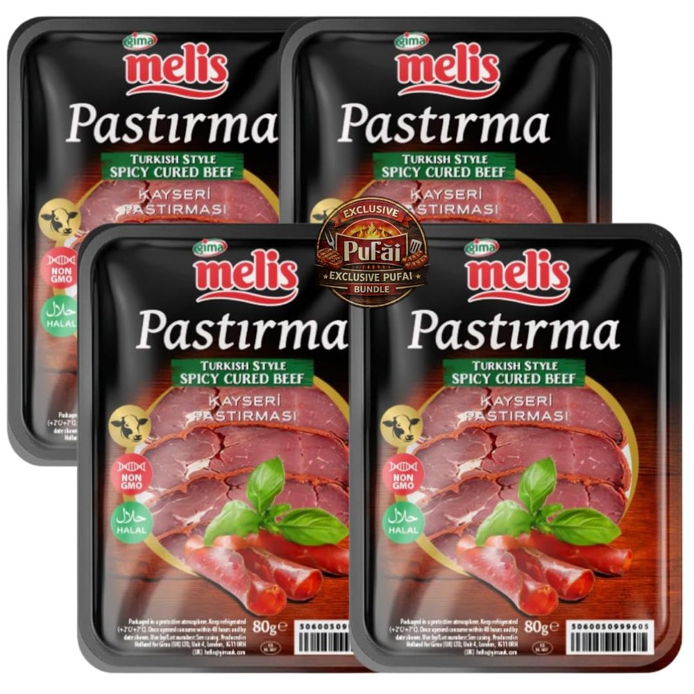 PUFAI Bundle Pastirma Air Dried Beef 80g x4 Sliced Cured Beef, Ready to Eat, Breakfast & Meze Use