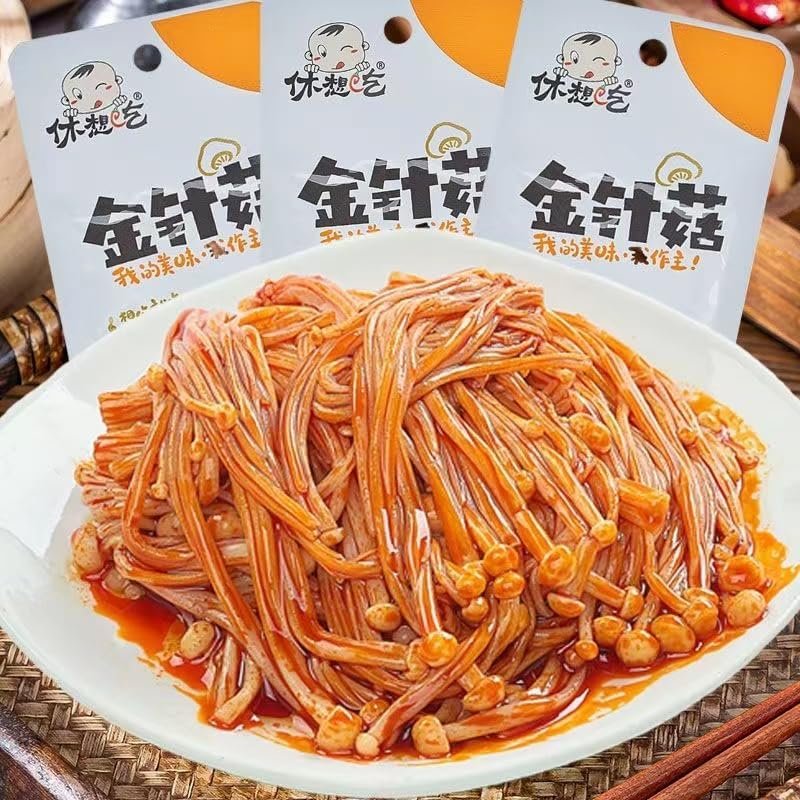 Chinese Spicy Red Oil Enoki Mushroom, Instant Flammulina velutipes, Ready-to-eat pickled vegetables, Latiao Spicy Strips, Chili Sauce Pickle, Hot Crispy Mushroom, Chinese Snack Food (5bags)