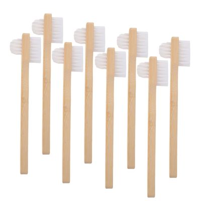 BETOOKY 8pcs Dual Head Denture Toothbrushes with Medium Hardness Nylon Bristles and Ergonomic Bamboo Handle for Comprehensive Cleaning at Home and Travel