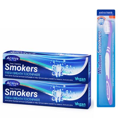 Beauty Formulas Active Smokers Toothpaste 100ml x2 + Toothbrush, Whitening Toothpaste for Smokers, Stain Removal, Fresh Breath, Fluoride Anti-Cavity Toothpaste Pack