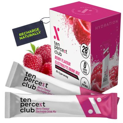Electrolytes Powder Drink Mix (Mixed Berries) - 28 Sachets | Coconut Water Powder, Celtic Sea Salt | Easy to Mix, Vegan Flavoured Electrolytes Drinks | Electrolytes Sachets by Ten Percent Club