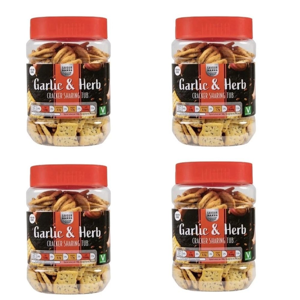 Bizzal SAVOUR BAKES Garlic & Herb Cracker Sharing Tub, Vegetarian Snack, 250g, Pack of 4