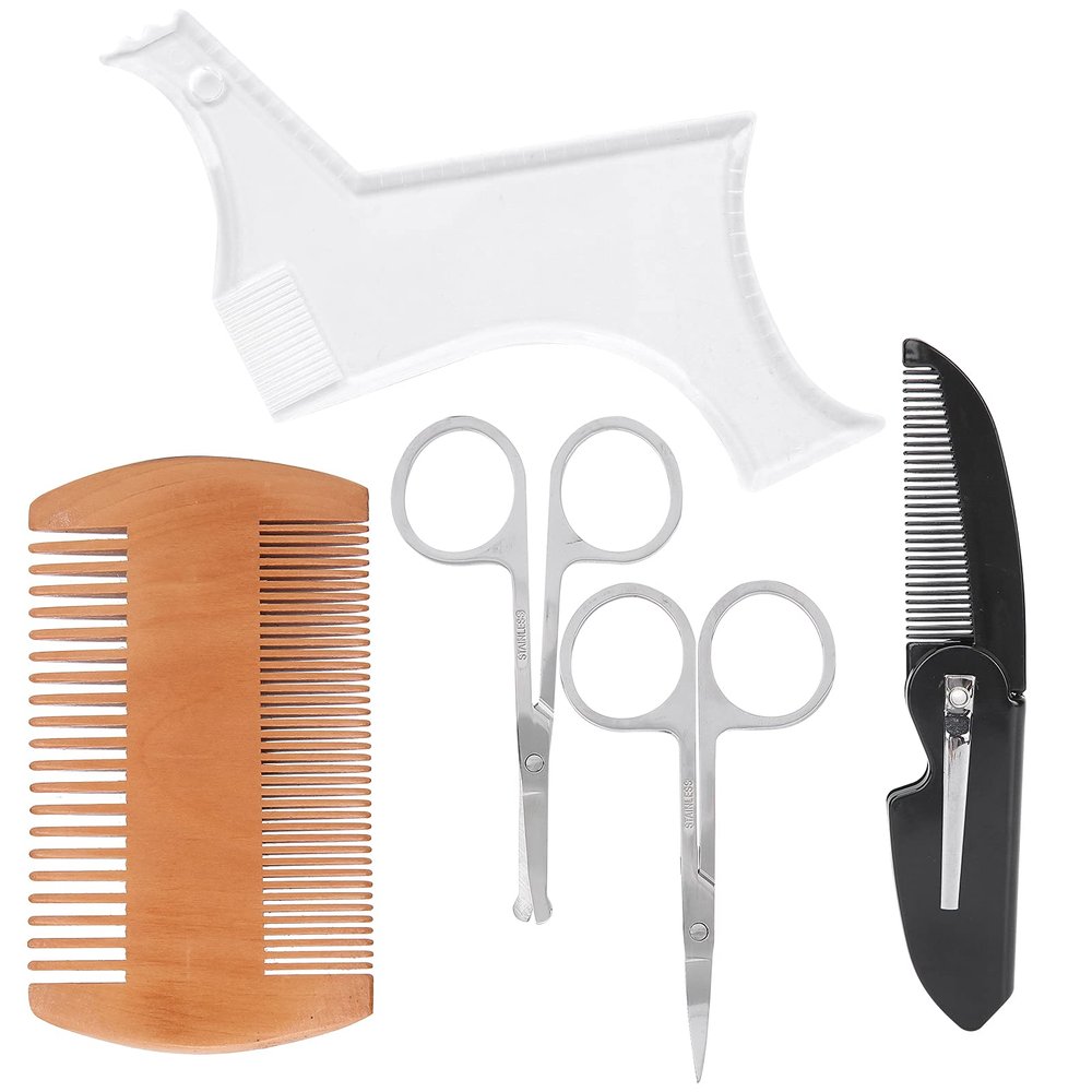 Pongnas Beard Shaping Tool, Transparent Template Comb with 2 Stainless Steel Scissors for Nose Hair Beard and Nail Trimming