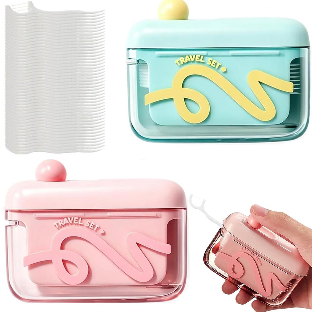 2PCS Automatic Pop-up Portable Floss Dispenser with 100Pcs Dental Floss, Travel Floss Picks, Dental Floss Case, One-Touch Travel Toothpick Case for Home Office Travel Outdoor (A)