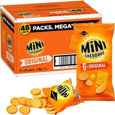 Mini Cheddars Snacks Bulk Mega Value Box of 48 x 23g Original Cheddar Biscuits Baked with Real Cheese Bar Snack for Home Pub, Birthday Party Food or Lunchbox Snack with Birthday Card
