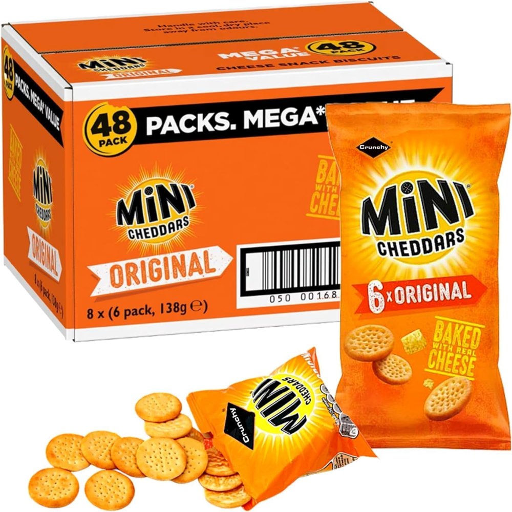 Mini Cheddars Snacks Bulk Mega Value Box of 48 x 23g Original Cheddar Biscuits Baked with Real Cheese Bar Snack for Home Pub, Birthday Party Food or Lunchbox Snack with Birthday Card