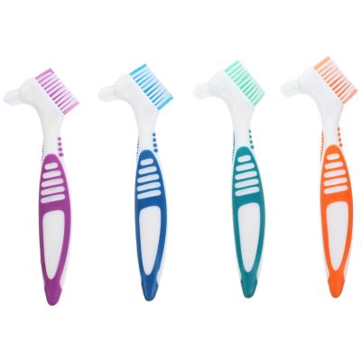 FOYTOKI 4pcs Denture Toothbrush Portable Double Head Denture Cleaning Brush Brush False Teeth Cleaner for Travel Home Use Random Color