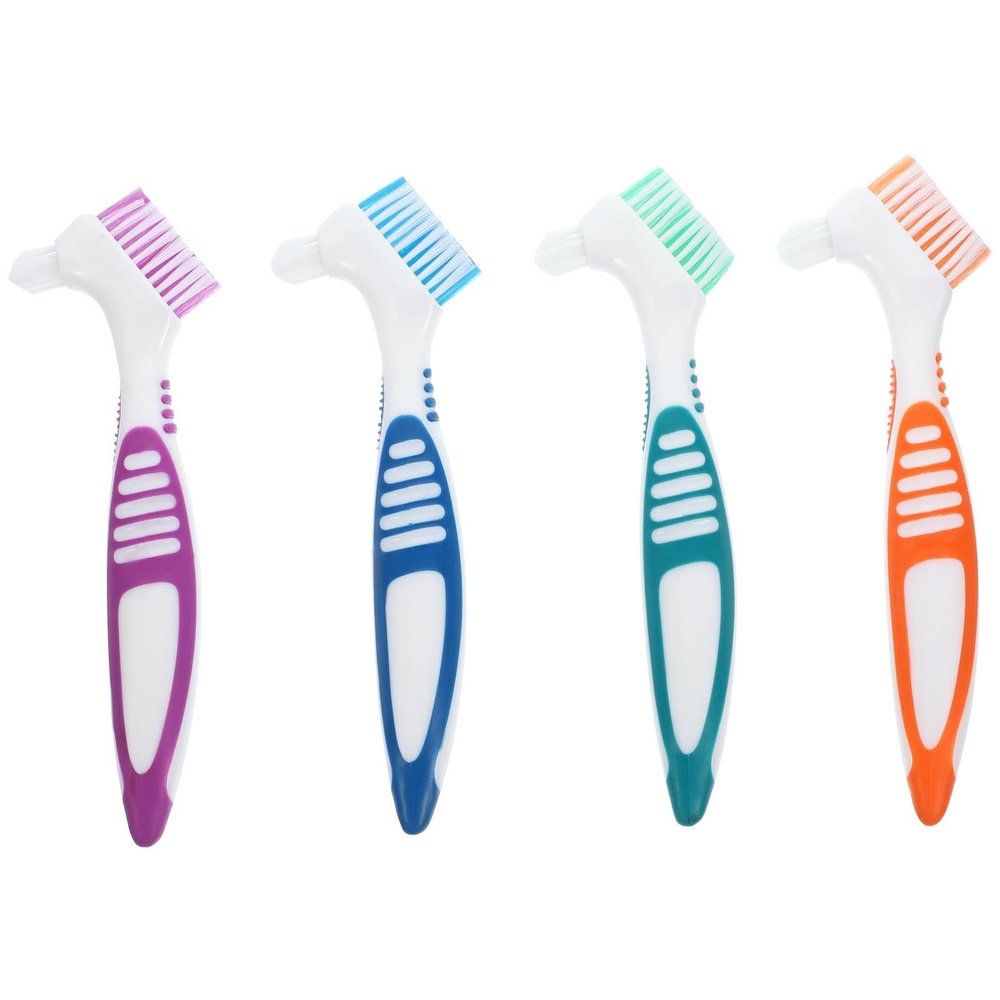 FOYTOKI 4pcs Denture Toothbrush Portable Double Head Denture Cleaning Brush Brush False Teeth Cleaner for Travel Home Use Random Color
