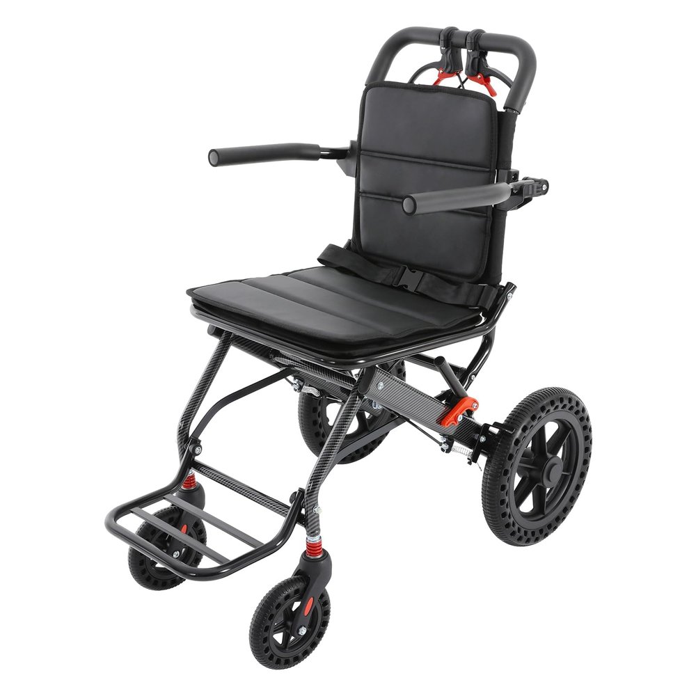Lightweight Transport Wheelchair - Portable Transit Chair for Adults, Adjustable Safety Strap, Aluminum Frame, PU Wheels