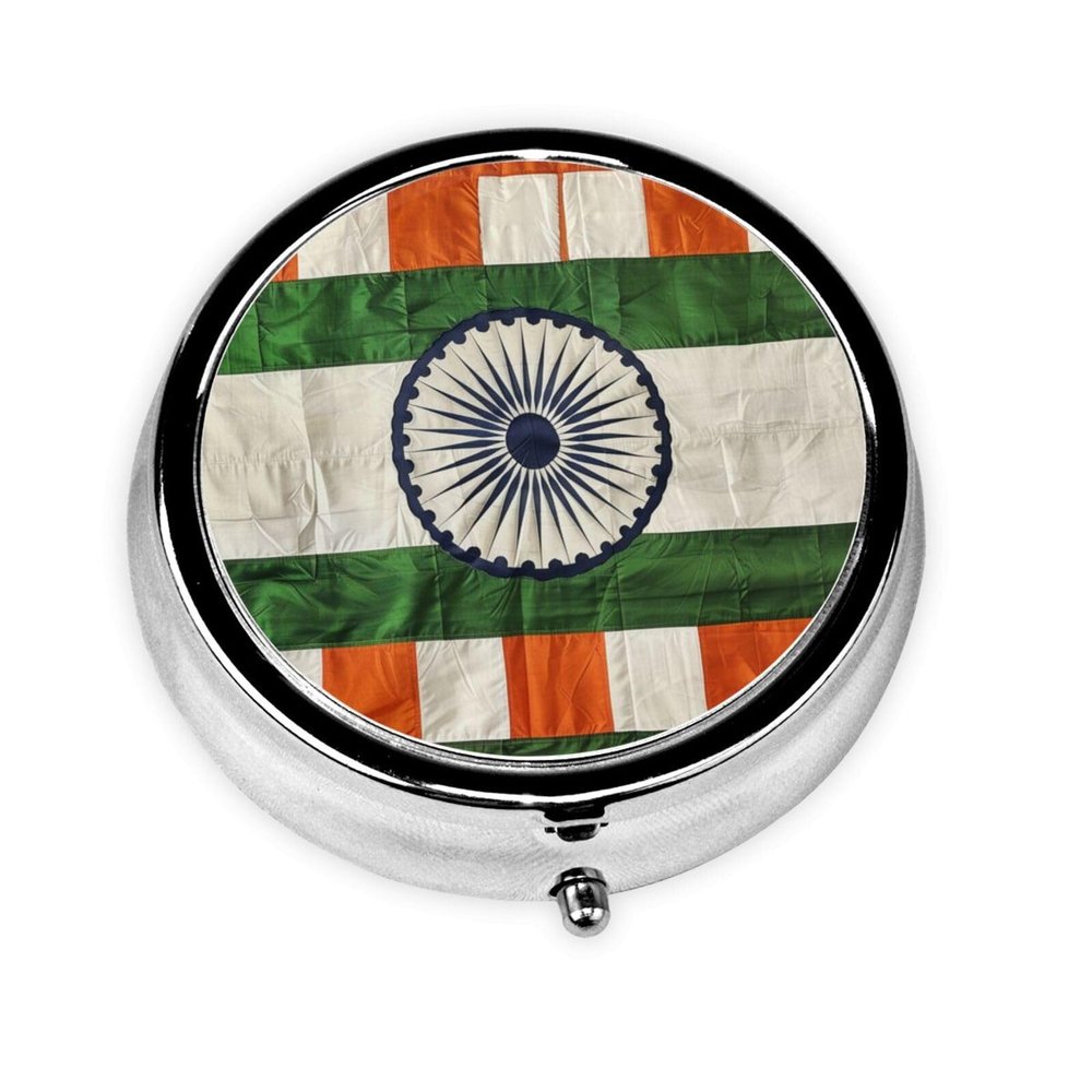 Round Travel Pill Organizer, Compact Daily Small Pill Case with 3 Compartments, Full Print Design India Flag