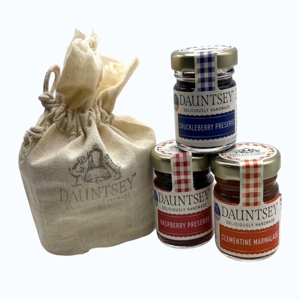 Dauntsey Deliciously Handmade Trio of Preserves, Chuckleberry, Raspberry & Clementine, 42g, 3 Jars with Gift Bag