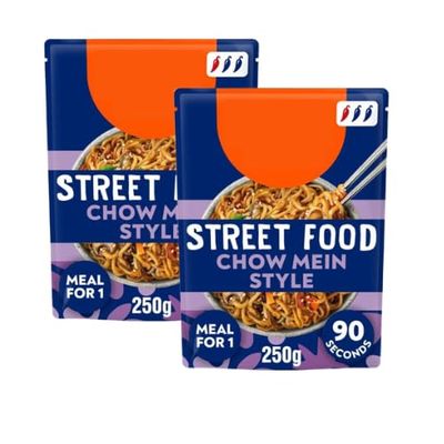 Street Food Chinese Chow Mein Noodles, 250g, Pack of 2, Vegetarian Ready Meal with Mushrooms, Carrot, Pepper, Water Chestnut, Soy, Garlic and Ginger