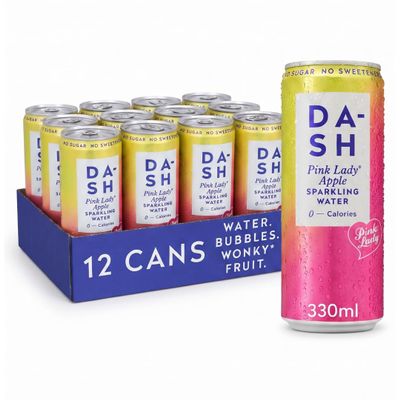 DASH Water PINK LADY APPLE - 12 x 330ml cans - Flavoured Sparkling Spring Water - NO Sugar, NO Sweetener, NO Calories - Infused with Wonky Fruit