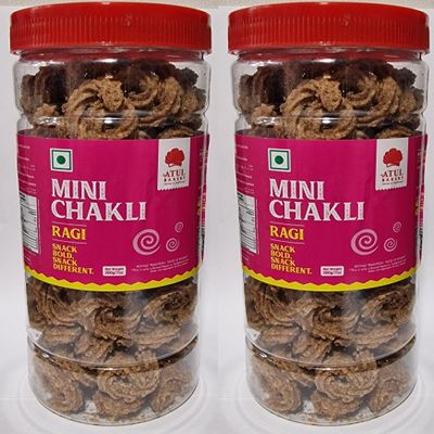 Atul Bakery Ragi Mini Chakli 200g Jar Crunchy Finger Millet Snack | Traditional Indian Savoury Spirals | Ready to Eat Snack | Vegetarian (Pack of 2)
