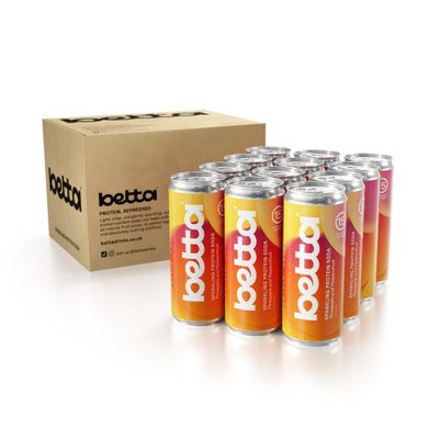 Betta Protein Soda, Cherry & Raspberry, Lightly Sparkling Drink with 15g Plant Protein Per Can, Low Sugar, 12 x 330ml Cans (Pineapple & Passionfruit)