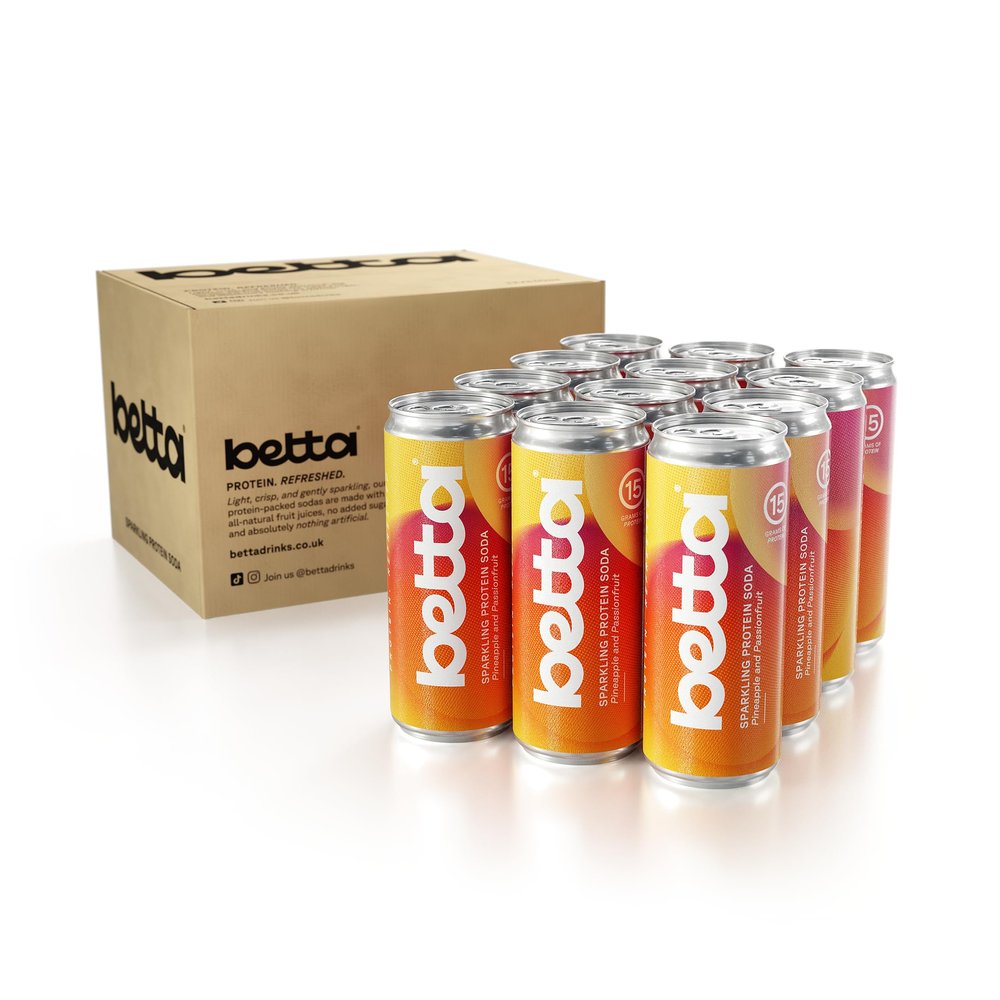 Betta Protein Soda, Cherry & Raspberry, Lightly Sparkling Drink with 15g Plant Protein Per Can, Low Sugar, 12 x 330ml Cans (Pineapple & Passionfruit)