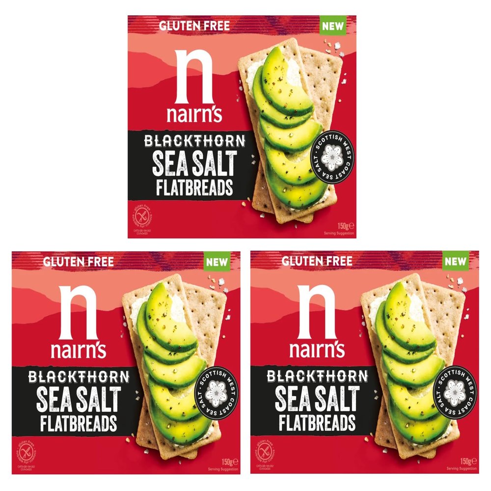 Nairn's Gluten Free Blackthorn Sea Salt Flatbreads - 150g (Pack of 3) - Wholegrain Oats - High in Fibre - Plant Based Flatbreads - Healthy Snacks - Suitable for Coeliacs