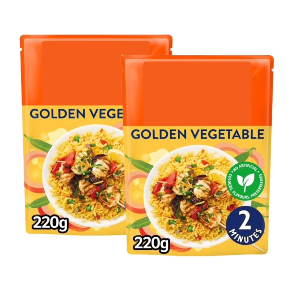 Golden Vegetable Microwave Rice, 220g, Pack of 2, Steamed Parboiled Long Grain, with Sweetcorn, Peas and Pepper, Ready in 2 Minutes, No Artificial Colours, Vegetarian