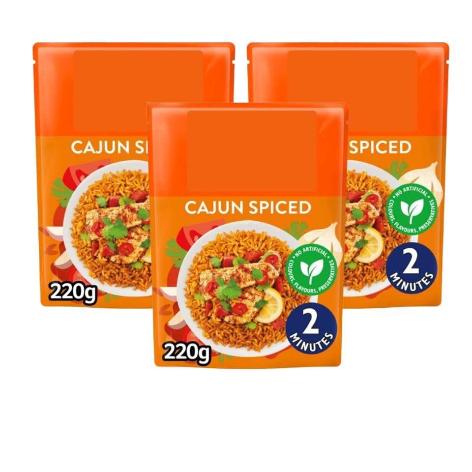 Cajun Microwave Rice, Cajun Spiced, 220g, Pack of 3, 2 Servings, No Artificial Colours or Preservatives, Suitable for Vegetarians